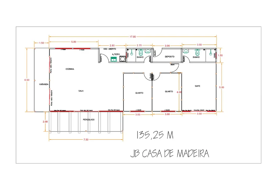 Planta: Casa 135,25m² com 1 suíte e 2 quartos