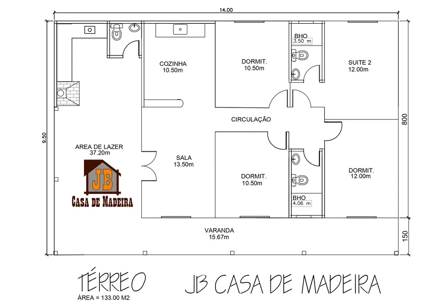 Planta: Casa 133,00m² com 1 suíte e 3 quartos
