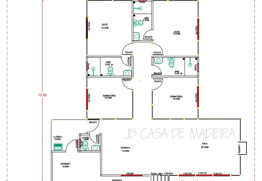 Planta: Casa 136,00m² com 2 suítes e 2 quartos