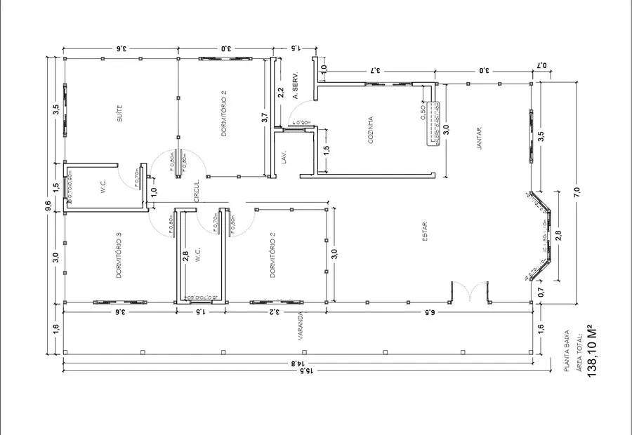 Planta: Casa 138,10m² com 1 suíte e 3 quartos