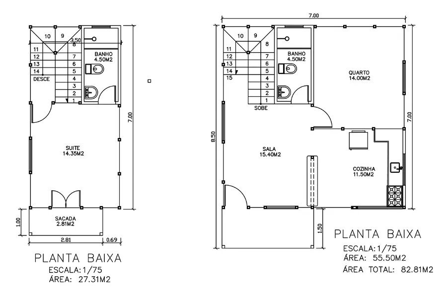 Planta: Duplex 82,81m² com 1 suíte e 1 quarto