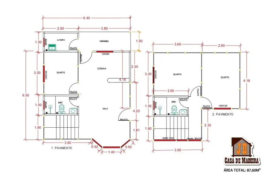 Planta: Casa 87,60m² com 3 quartos e 2 banheiros