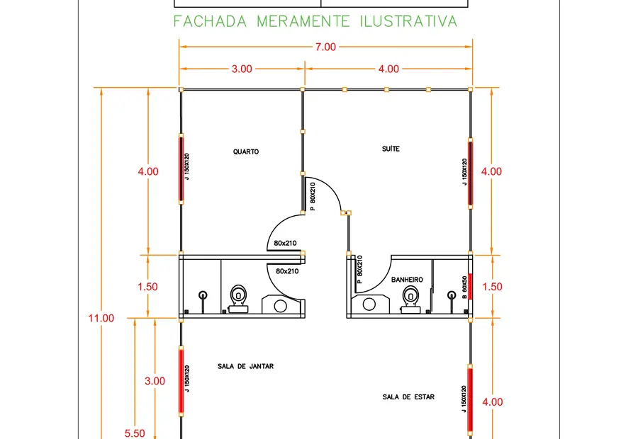 Planta: Casa 77,00m² com 1 suíte e 1 quarto