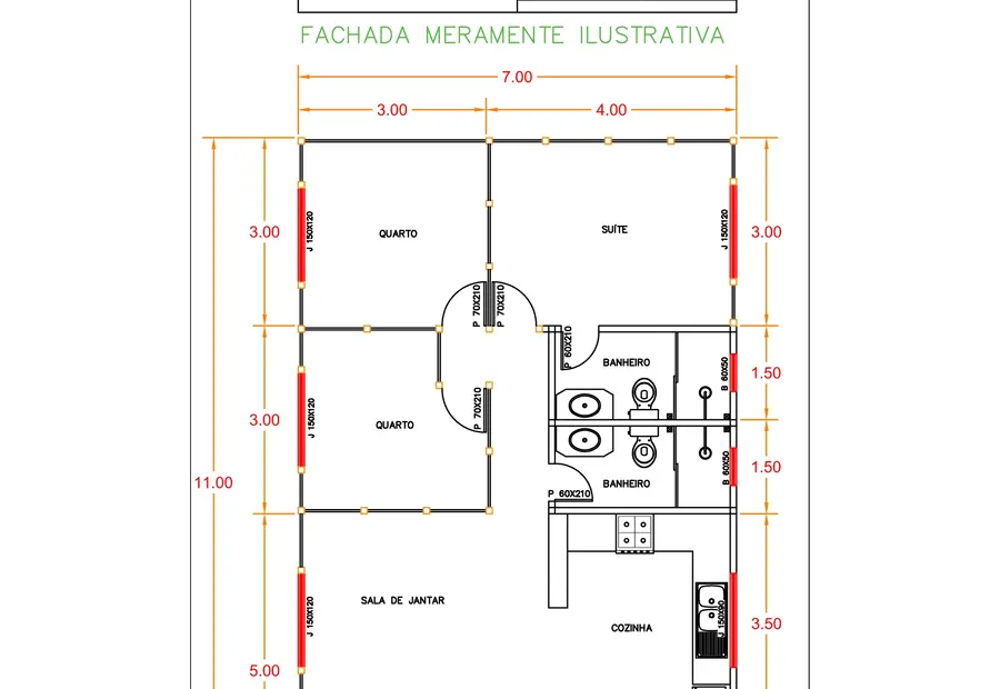 Planta: Casa 77,00m² com 1 suíte e 2 quartos