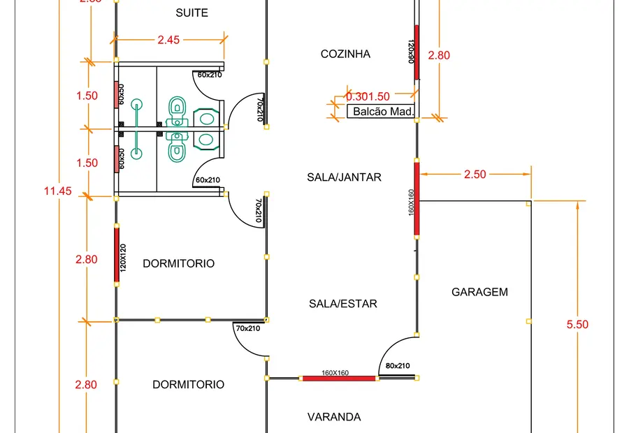 Planta: Casa 91,61m² com 1 suíte e 2 quartos