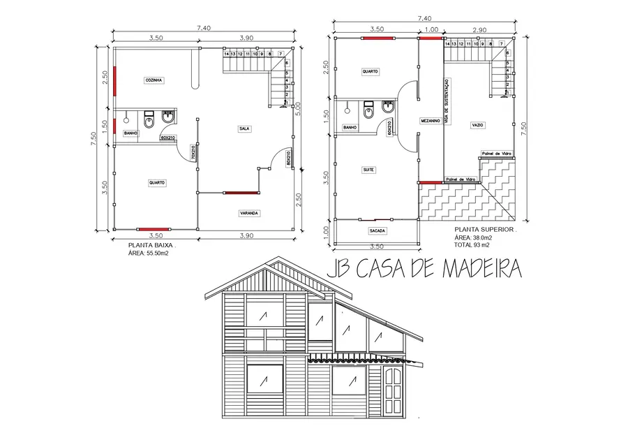 Planta: Casa duplex 93,00m² com 1 suíte e 2 quartos
