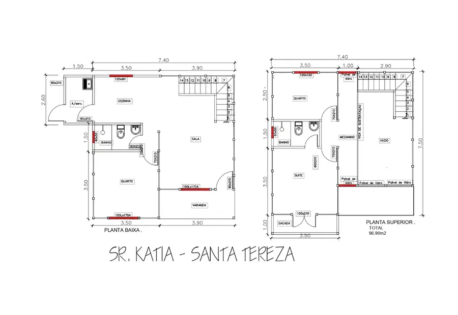 Planta: Casa duplex 96,90m² com 1 suíte e 2 quartos