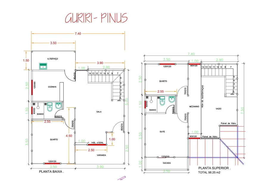 Planta: Casa duplex 98,25m² com 1 suíte e 2 quartos