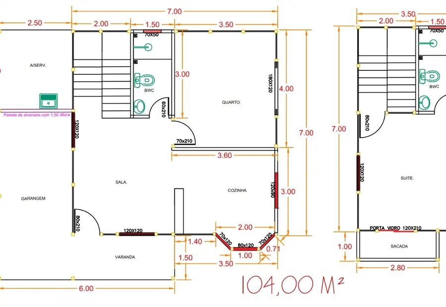 Planta: Casa duplex 104,00m² com 1 suíte e 1 quarto