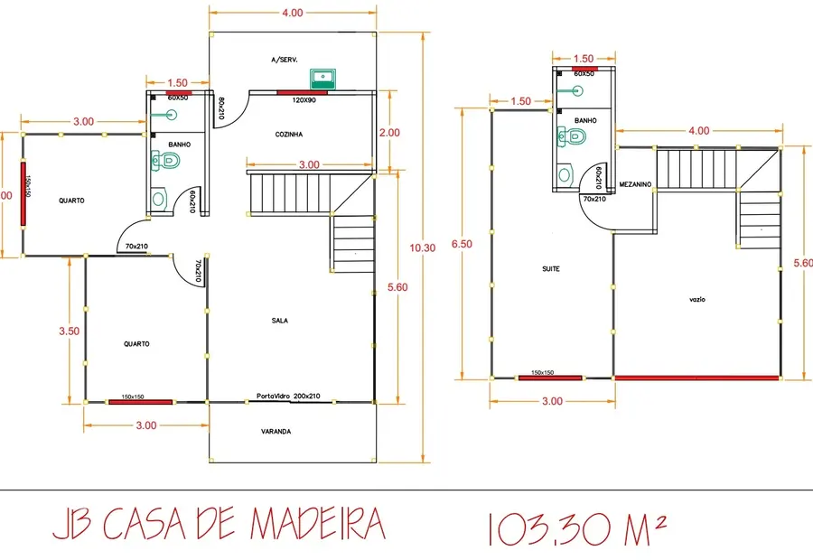 Planta: Casa duplex 103,30m² com 1 suíte e 2 quartos