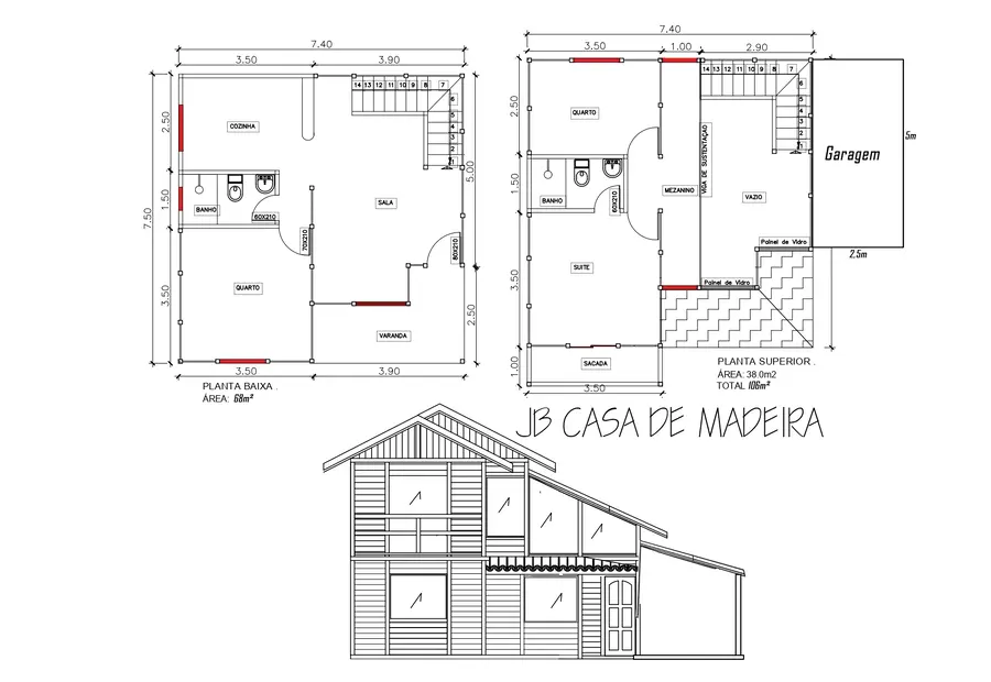 Planta: Casa duplex 106,00m² com 1 suíte, 2 quartos e garagem