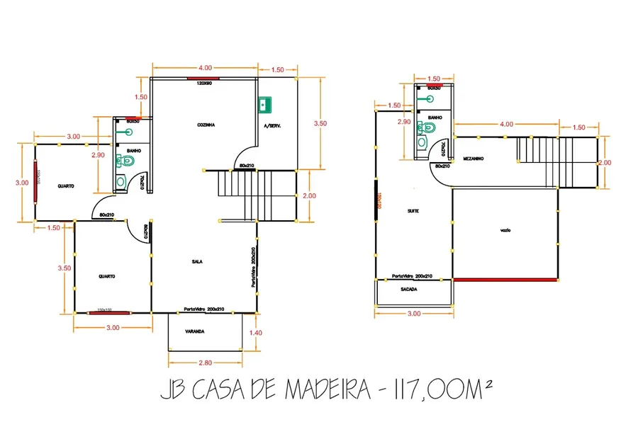 Planta: Casa duplex 117,00m² com 1 suíte e 2 quartos