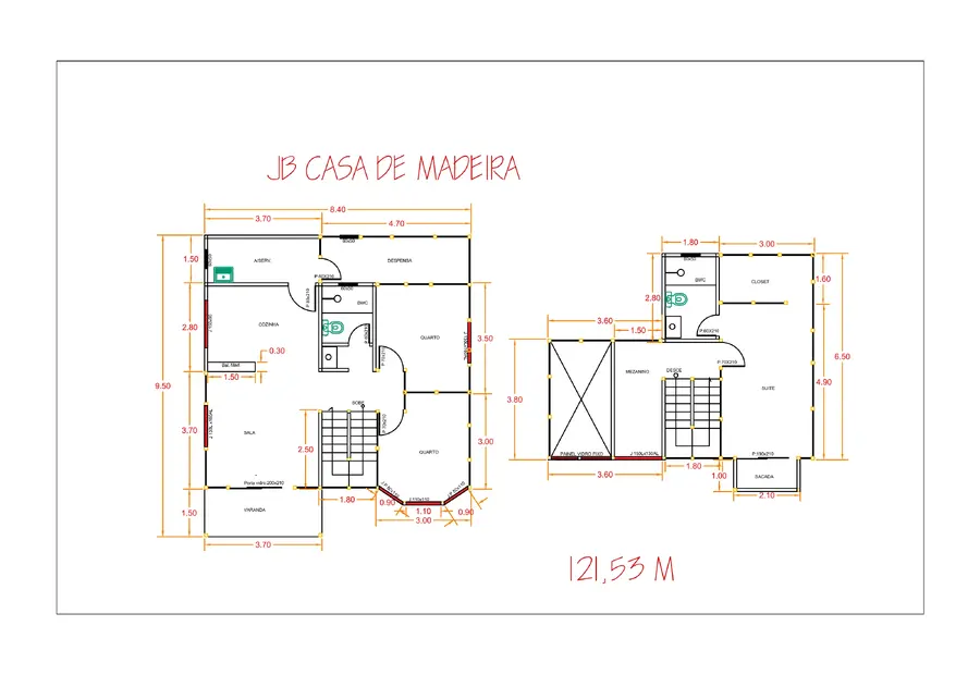 Planta: Casa duplex 121,53 m² com suíte e closet