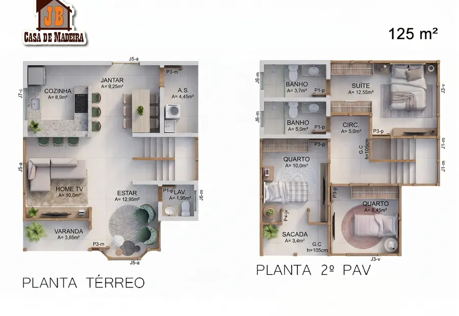 Planta: Casa duplex 125 m² com 3 quartos e suíte