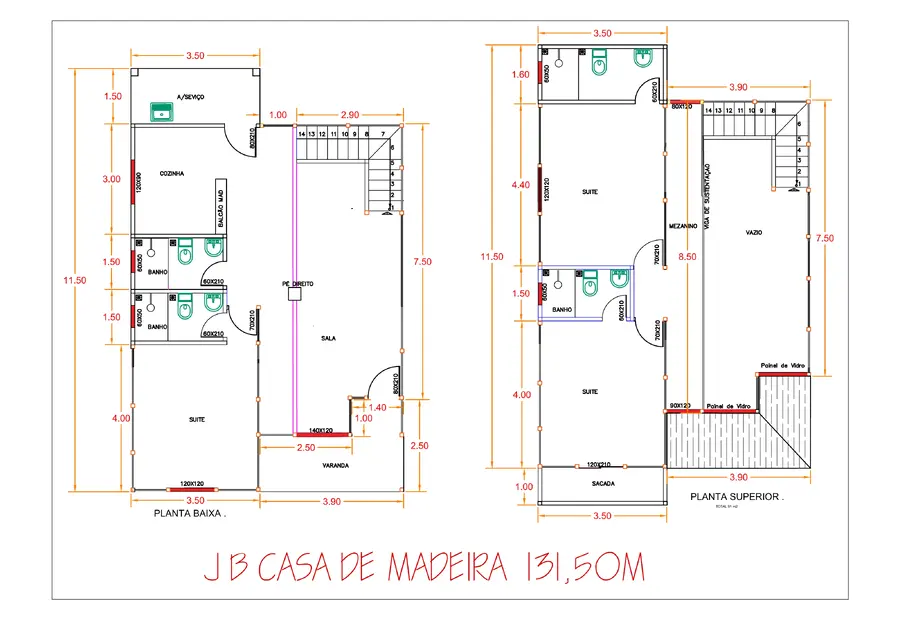 Planta: Casa duplex 131,50 m² com 3 suítes