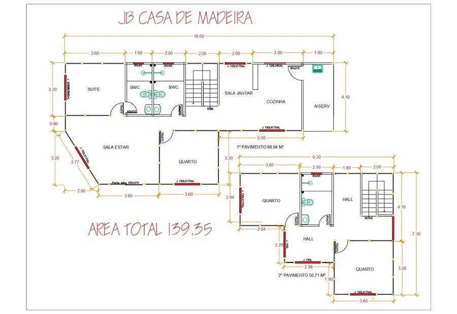 Planta: Casa Duplex 139,35m² com 1 suíte e 3 quartos