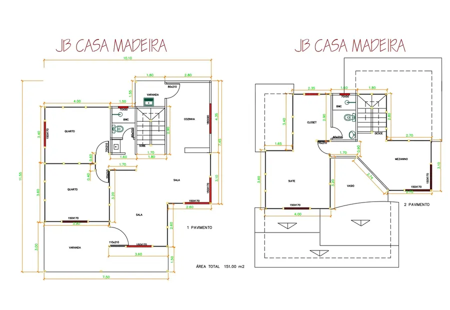 Planta: Casa Duplex 151,00m² com 1 suíte e 2 quartos