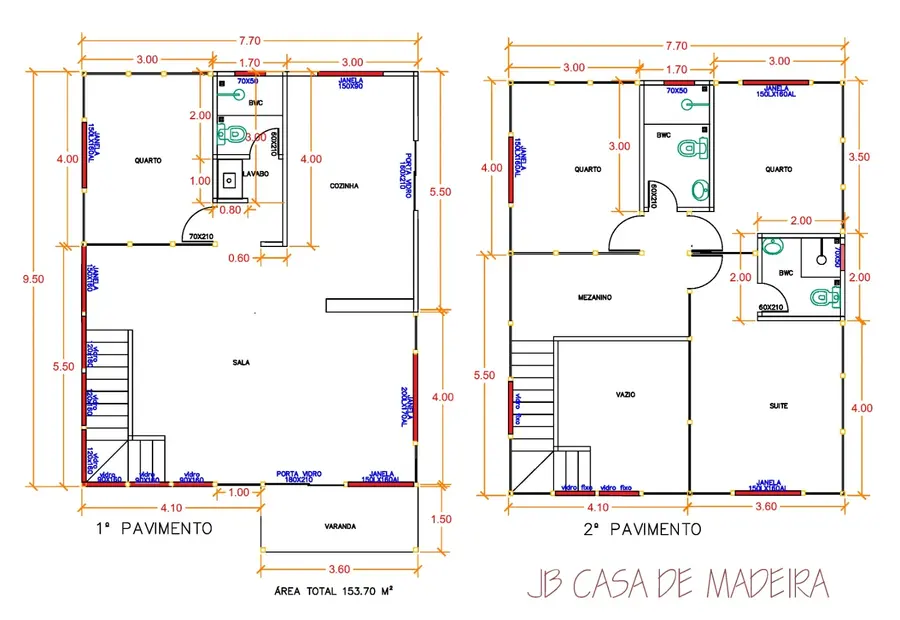 Planta: Casa Duplex 153,70m² com 1 suíte e 3 quartos