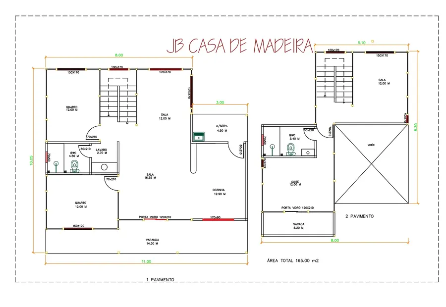 Planta: Casa Duplex 165,00m² com 1 suíte e 2 quartos