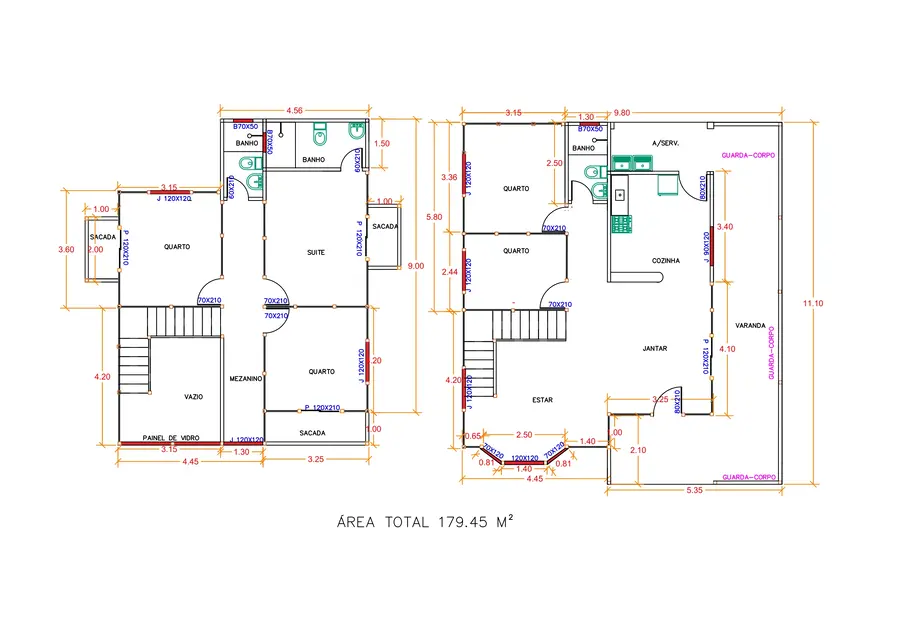 Planta: Casa Duplex 179,45m² com 1 suíte e 4 quartos