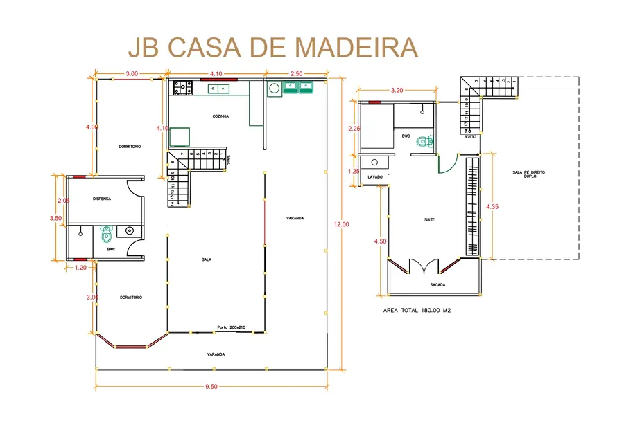 Planta: Casa Duplex 180,00m² com 1 suíte e 2 quartos