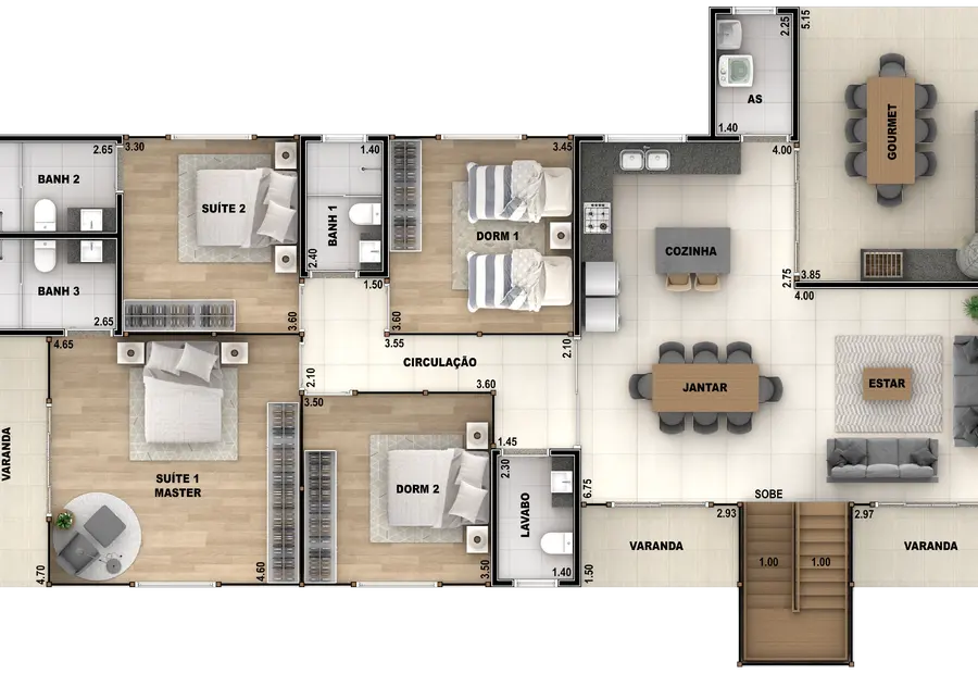 Planta: Casa 240,00m² com 2 suítes e 2 quartos