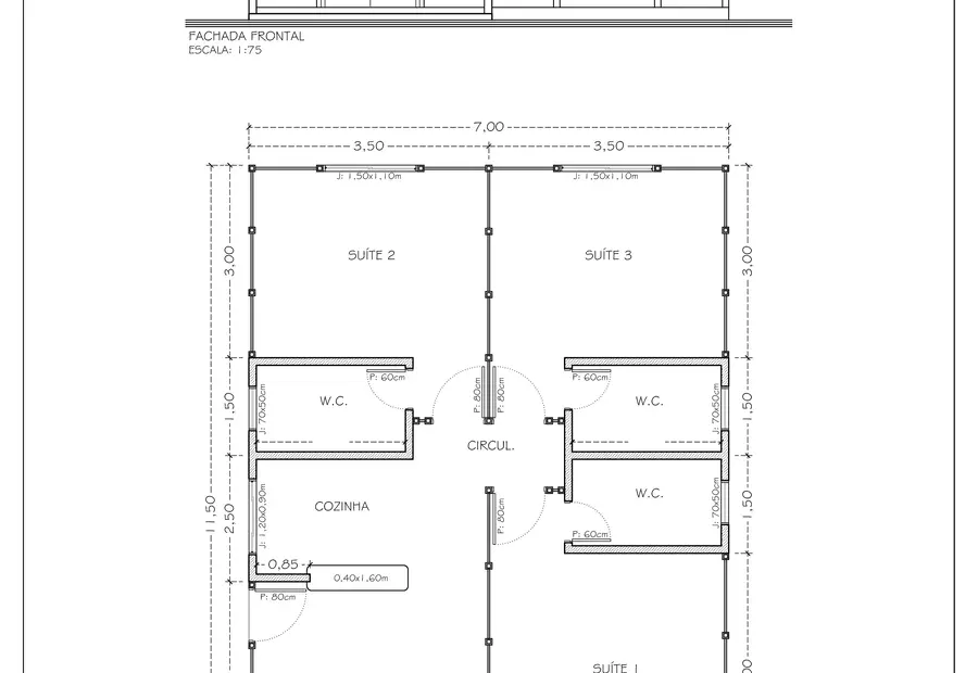 Planta: Casa 75,25m² com Três Suítes e Varanda