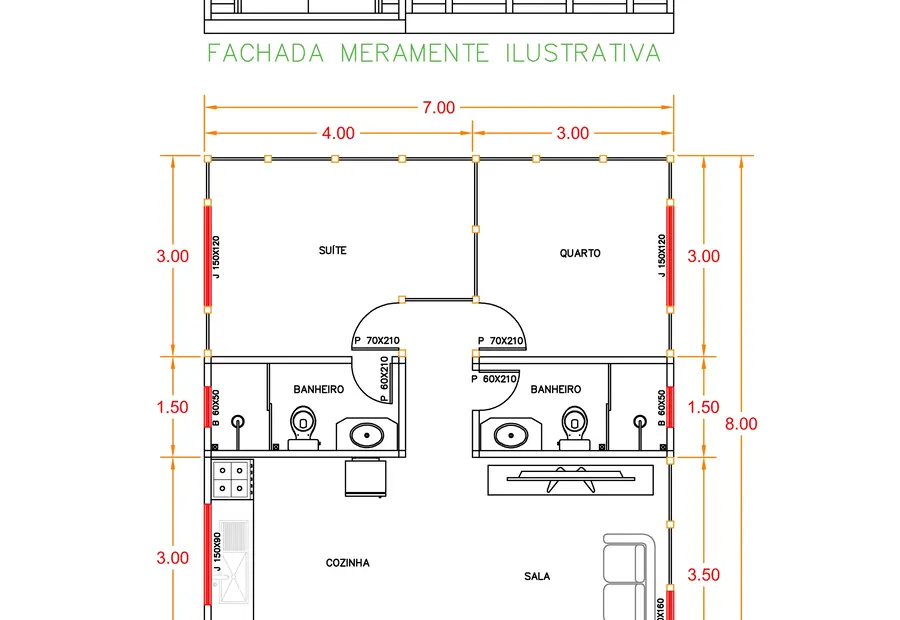 Planta: Casa 59,00m² com 1 suíte e 1 quarto