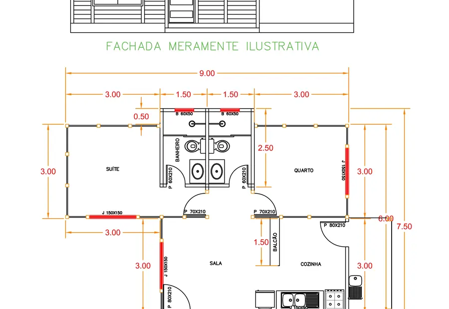 Planta: Casa 54,00m² com 1 suíte e 1 quarto