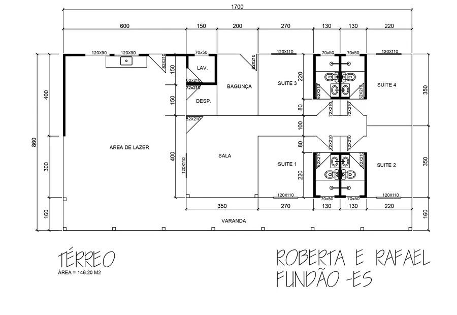 Planta: Casa Térrea 146,20m² com 4 Suítes e Ampla Área de Lazer