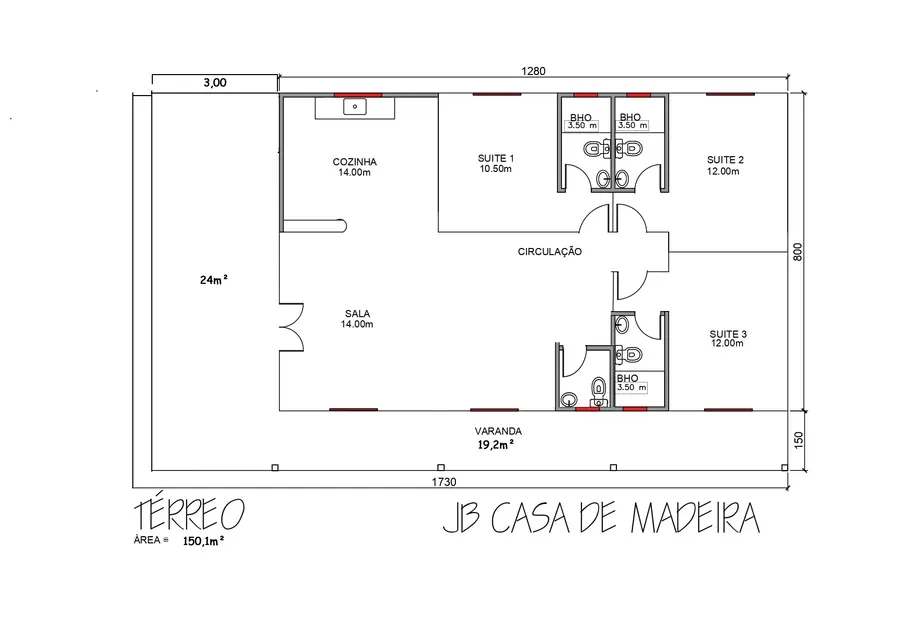 Planta: Casa Térrea 150,10m² com 3 Suítes