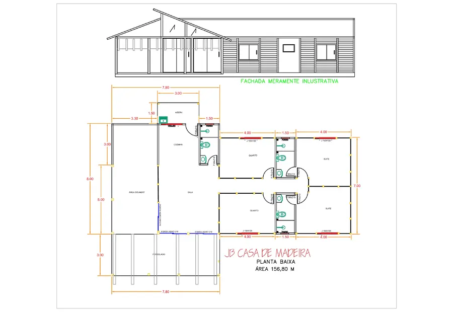 Planta: Casa Térrea 156,80m² com 2 Suítes, 2 Quartos, Área Gourmet e Pergolado