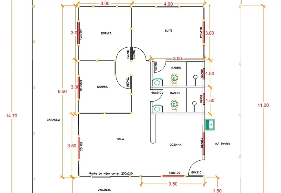 Planta: Casa Térrea 162,95m² com 1 Suíte, 2 Quartos, Garagem e Varandas