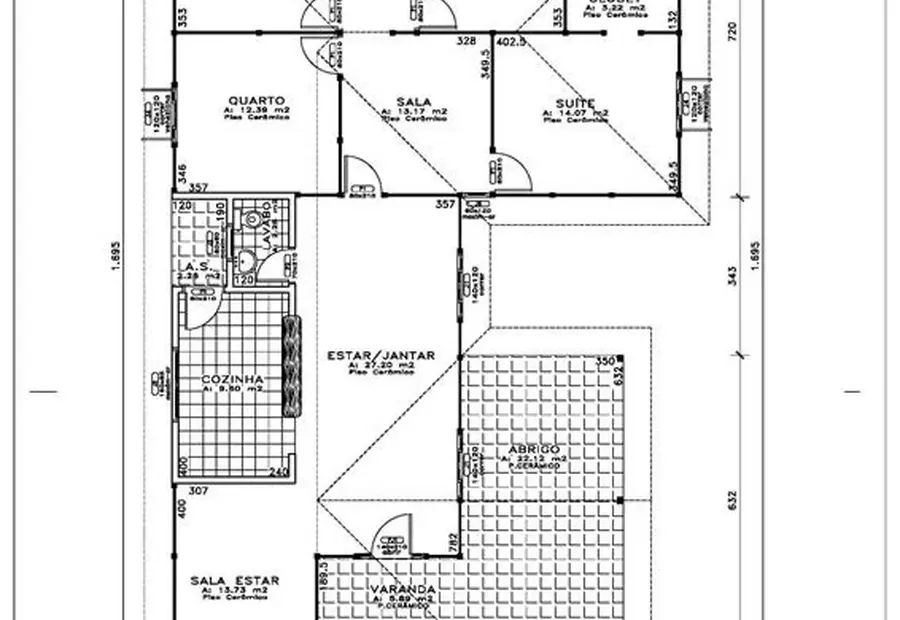 Planta: Casa Térrea 166,79m² com 1 Suíte, 3 Quartos e Abrigo para Carro