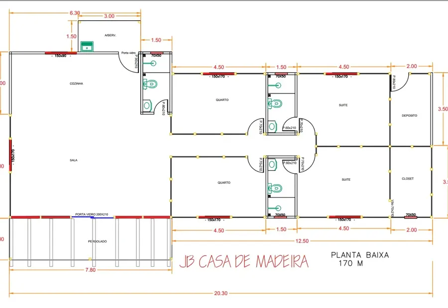 Planta: Casa Térrea 170,00m² com 2 Suítes, 2 Quartos e Pergolado