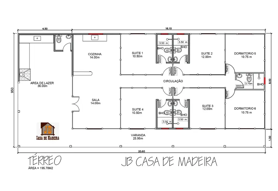 Planta: Casa Térrea 195,70m² com 4 Suítes, 2 Quartos e Área Gourmet