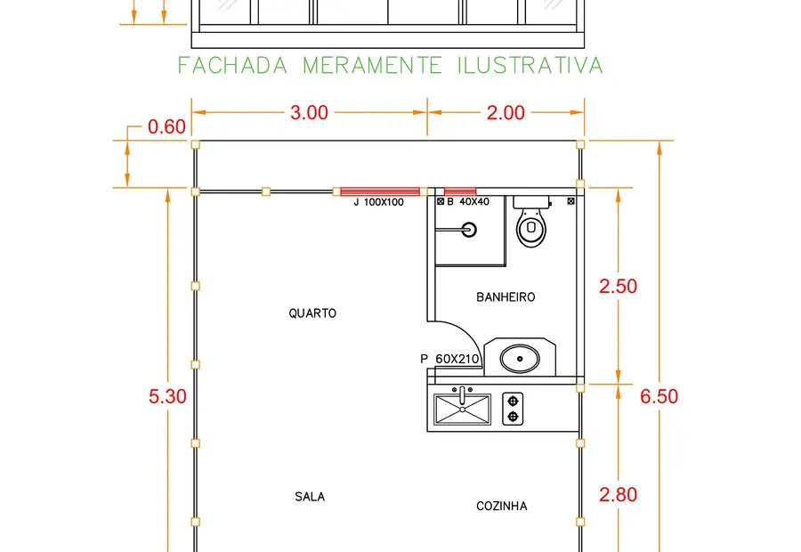 Planta: Chalé Modelo Escandinavo 32,50m² com 1 quarto