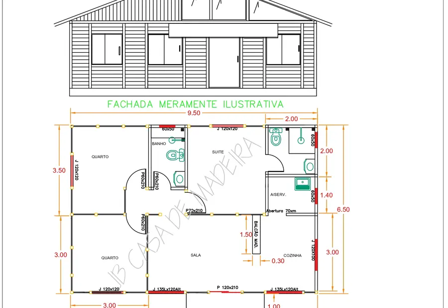 Planta: Casa 64,75m² com 1 suíte e 2 quartos