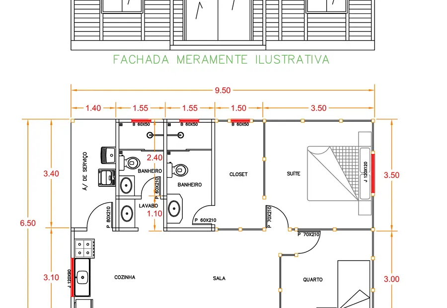 Planta: Casa 64,75m² com 1 suíte e 1 quarto