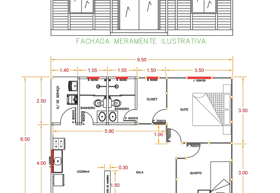 Planta: Casa 64,75m² com 1 suíte com Closet