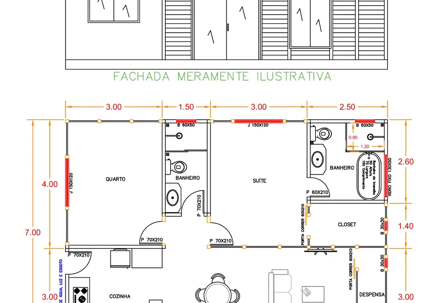 Planta: Casa 70,00m² com 1 suíte e 1 quarto