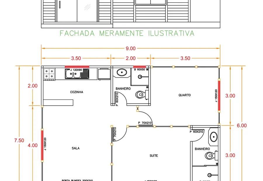 Planta: Casa Térrea 59,50m² com 2 Quartos