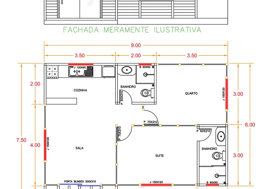 Planta: Casa 59,50m² Tradicional com Pergolado