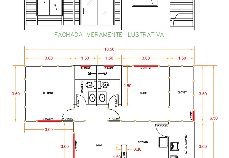 Planta: Casa 59,25m² com 1 suíte, closet e 1 quarto