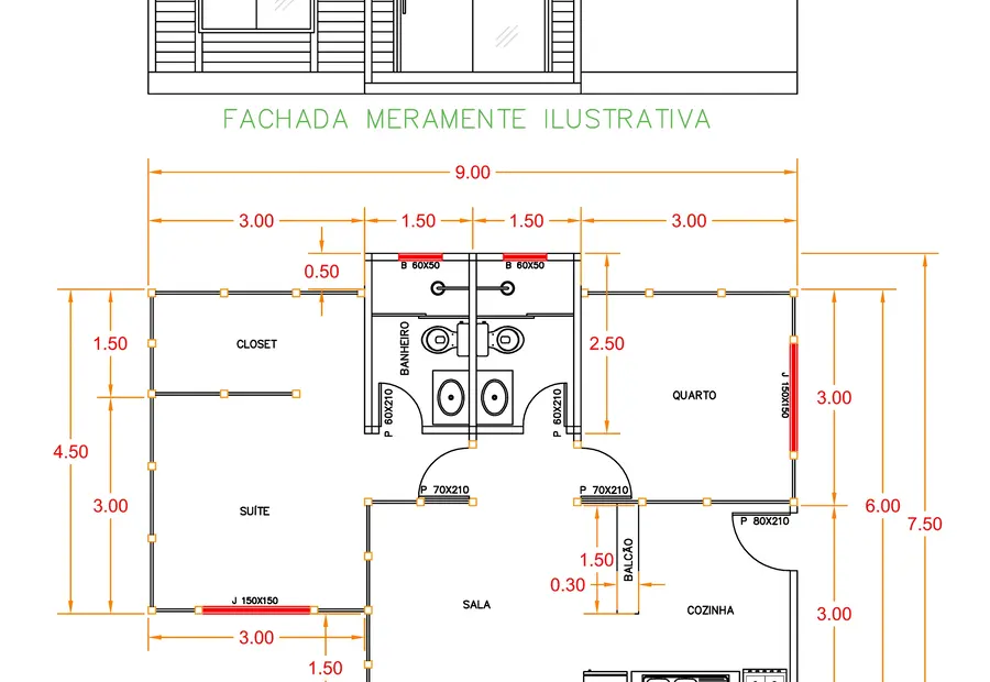 Planta: Casa 54,00m² com 1 suíte, closet e 1 quarto