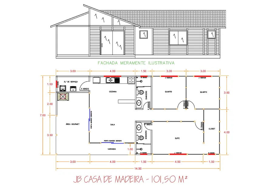 Planta: Casa 101,50m² com Área Gourmet 1 suíte e 2 quartos