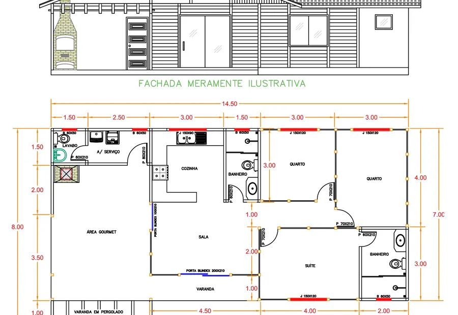 Planta: Casa 105,60m² com 1 suíte e 2 quartos