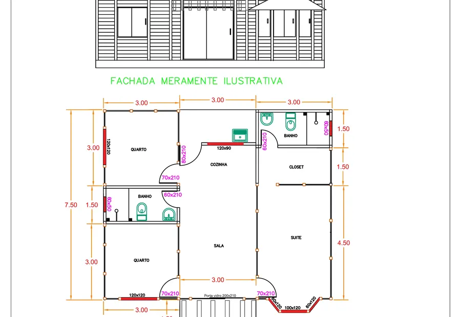 Planta: Casa 73,20m² com 1 suíte com Bay Window e 2 quartos