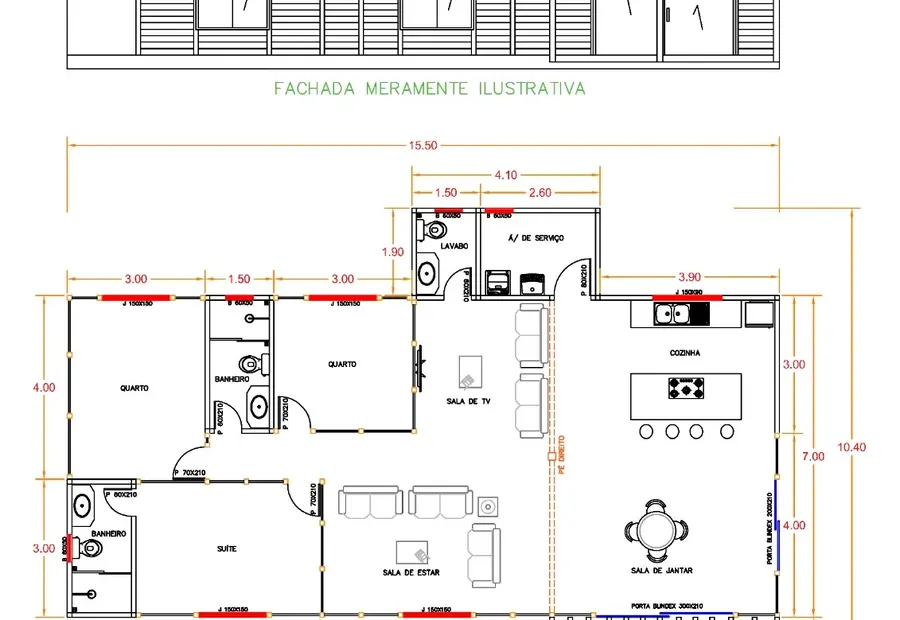 Planta: Casa 124,00m² com 3 quartos (1 Suíte)