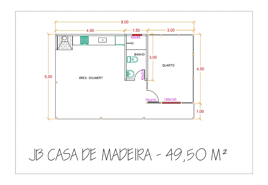 Planta: Área Gourmet 49,50m² com 1 quarto